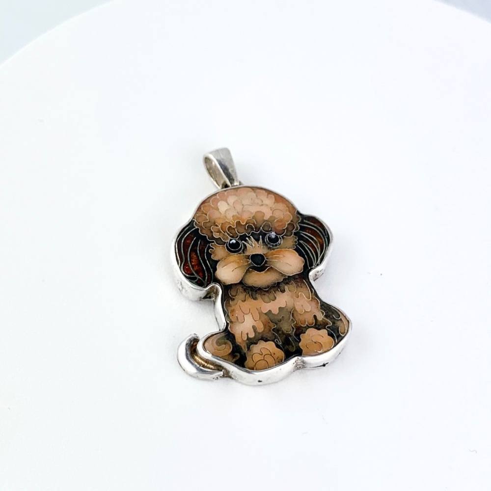 Georgian Cloisonne Enamel Cute Poodle Puppy Sterling Silver Pendant
